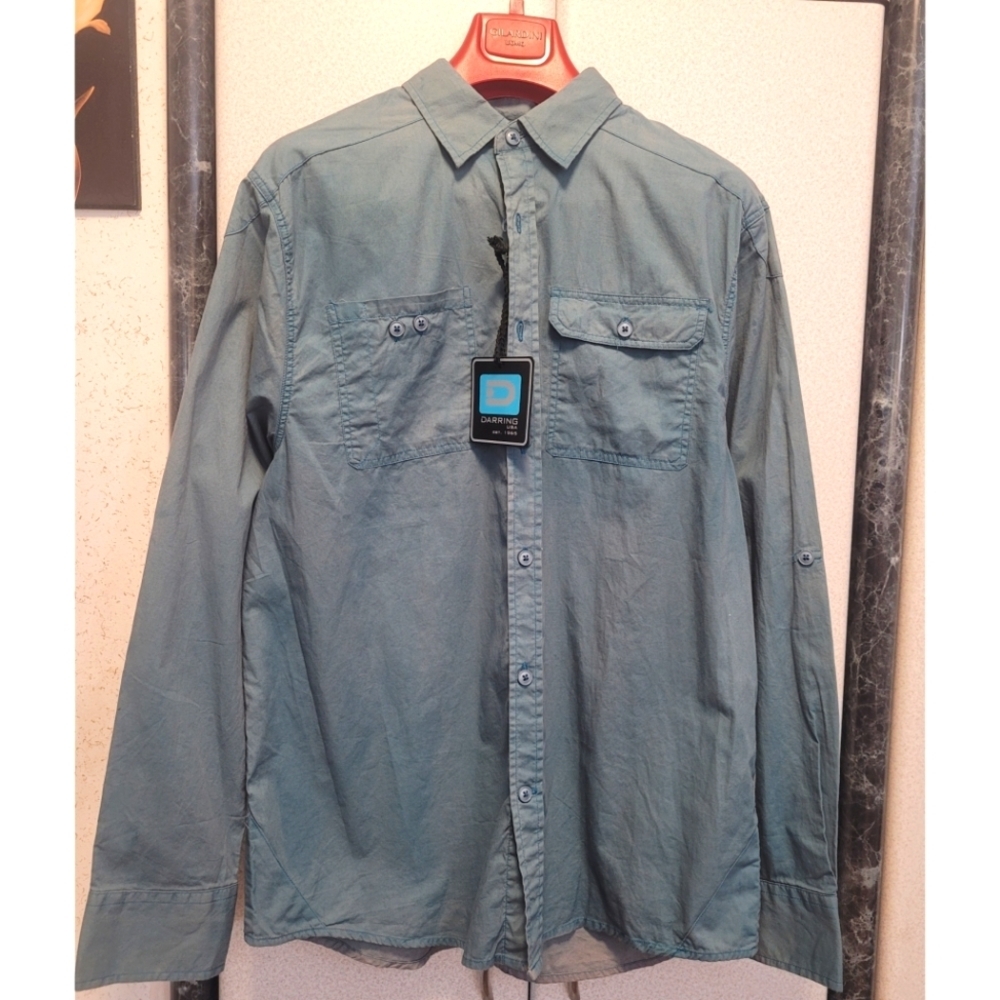 Men's Darring USA Long Sleeve Distressed Button Down Cotton Shirt, L